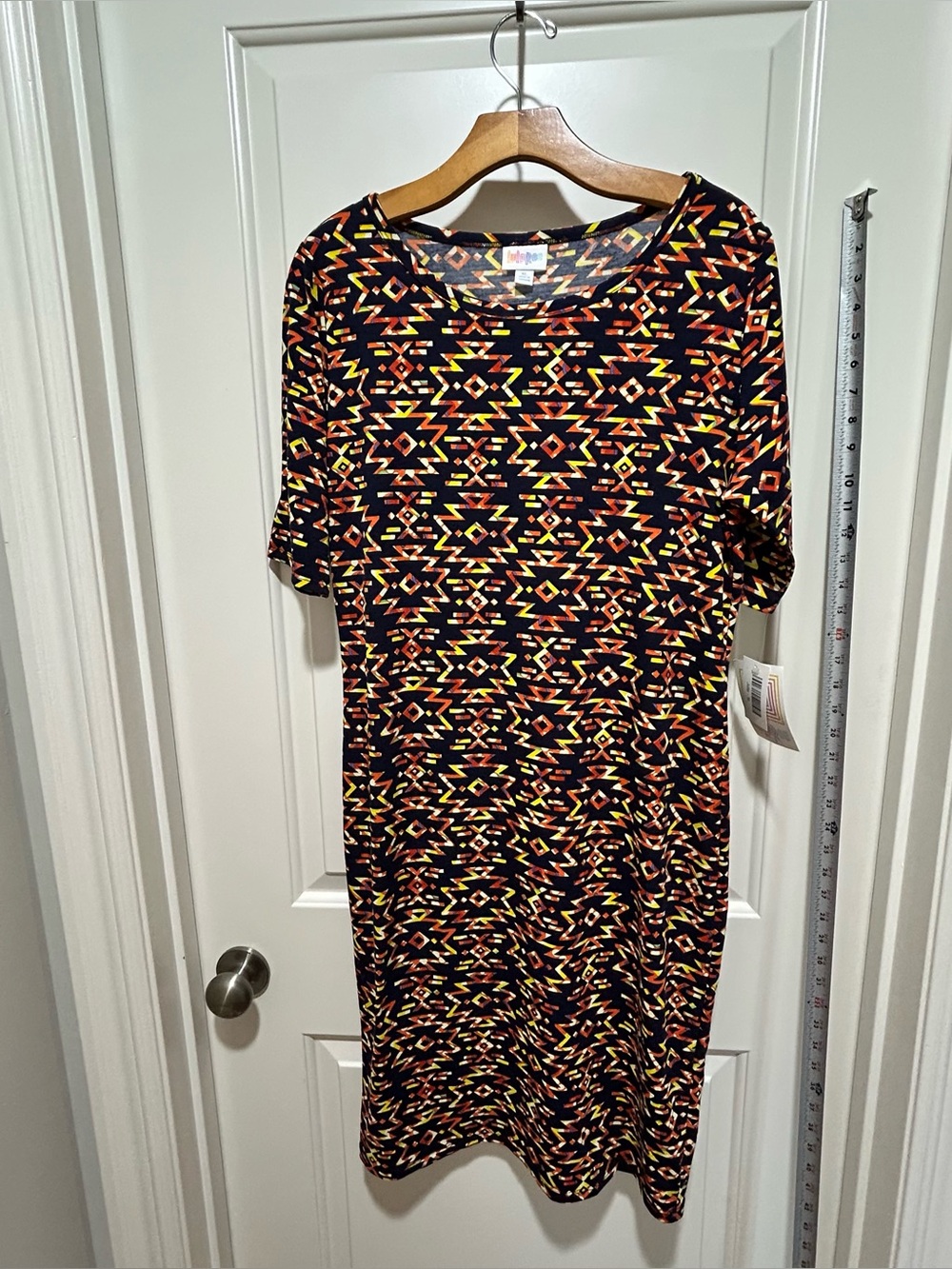LuLaRoe Black Midi Dress NWT with Red & Yellow Geometric Print women’s size XL